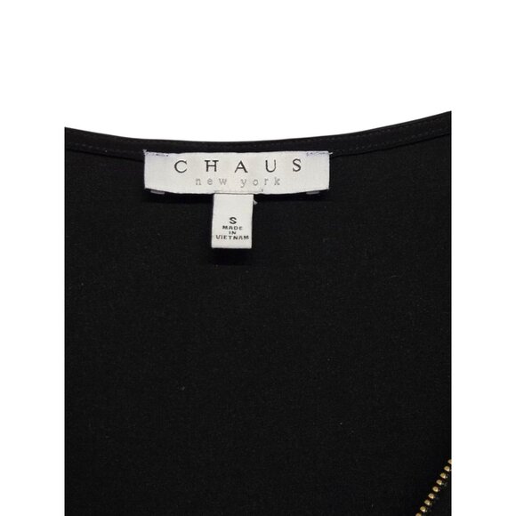 Chaus New York Womens Small Black Zip V Neck Blouse Roll Tab Sleeve Jersey Knit - Picture 5 of 6
